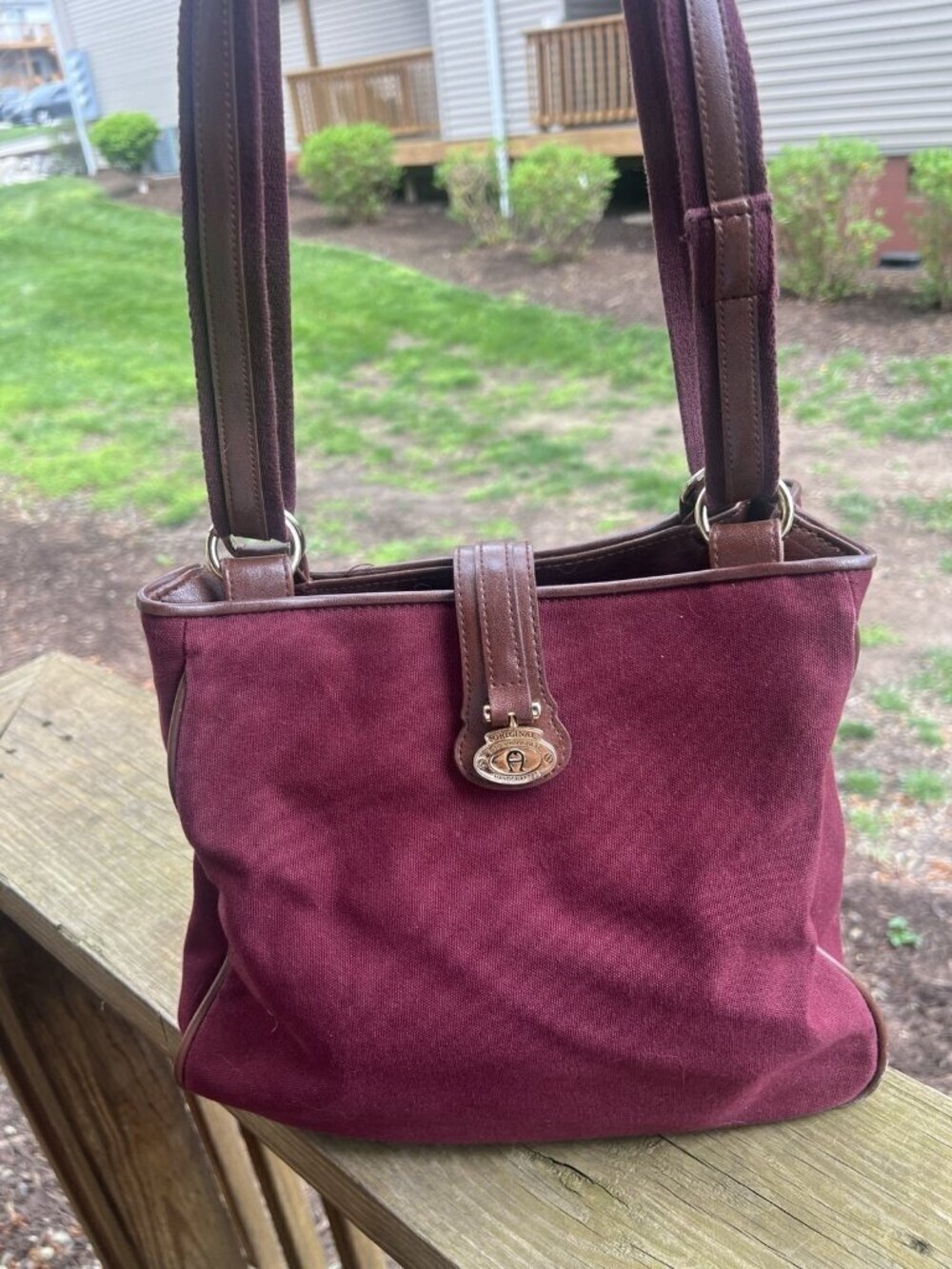 Vintage 90s Etienne Aigner Oxblood canvas leather double strap satchel bag logo